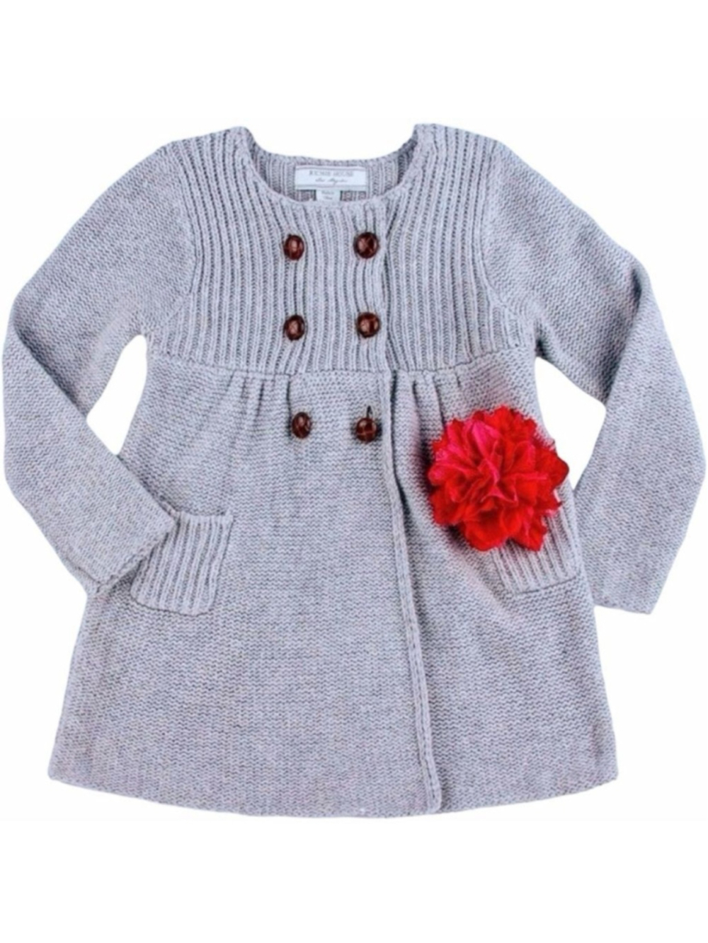 Richie House Girls Size 5/6 Knitted Coat Gray Red Flower Accent Pockets NWT